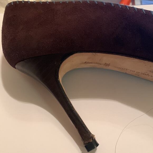 ▪️SOLD▪️Manolo Blahnik Chocolate Brown Suede -Peep TOE -Blue Lacing  39 1/2 M - Picture 14 of 15